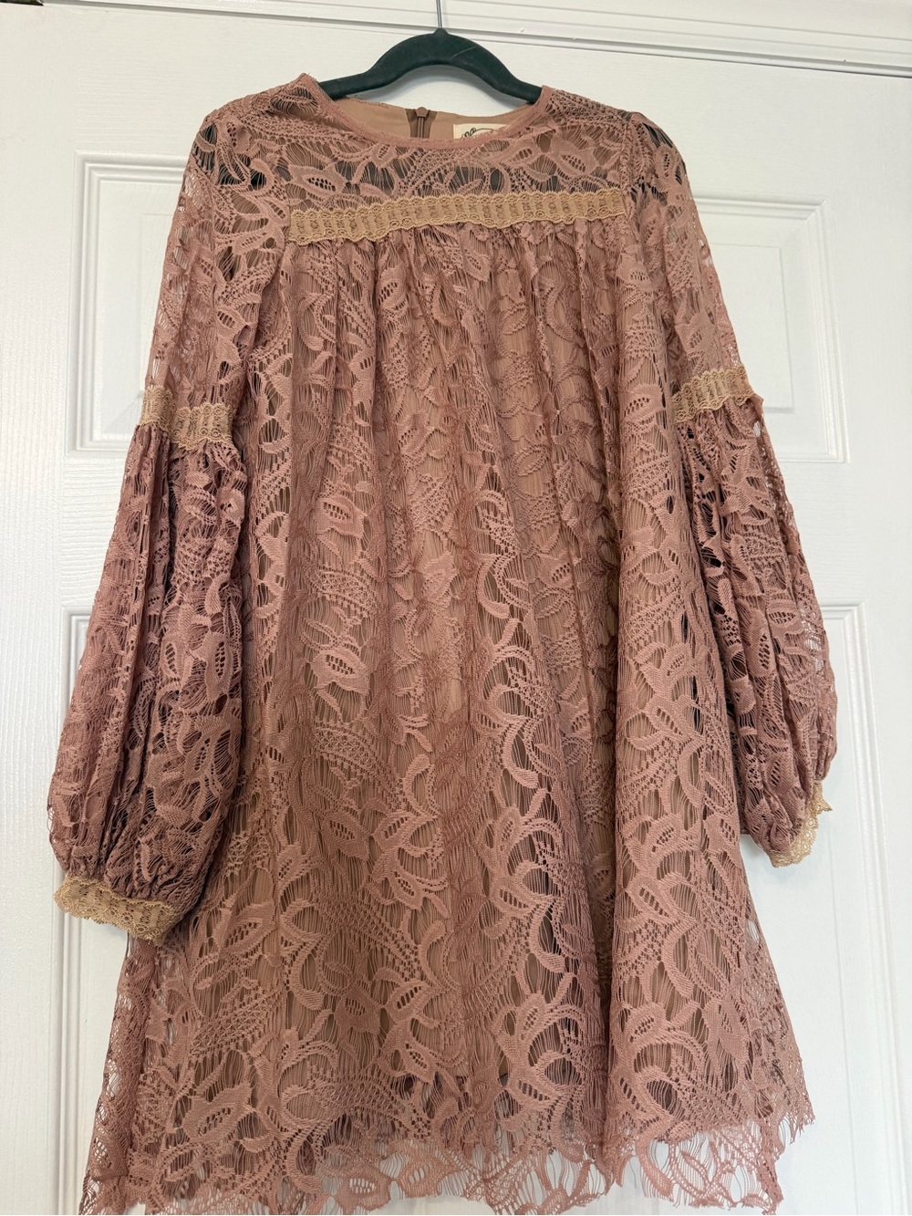 Joyfolie Dusty Rose Lace Dress with Balloon Sleeves